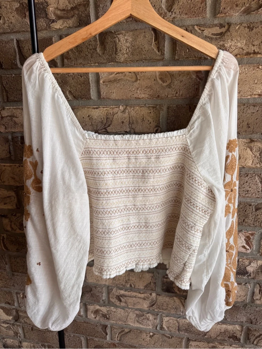 Anthropologie Embroidered Smocked Puff Sleeve Crop Top Ivory Gold Floral 2X